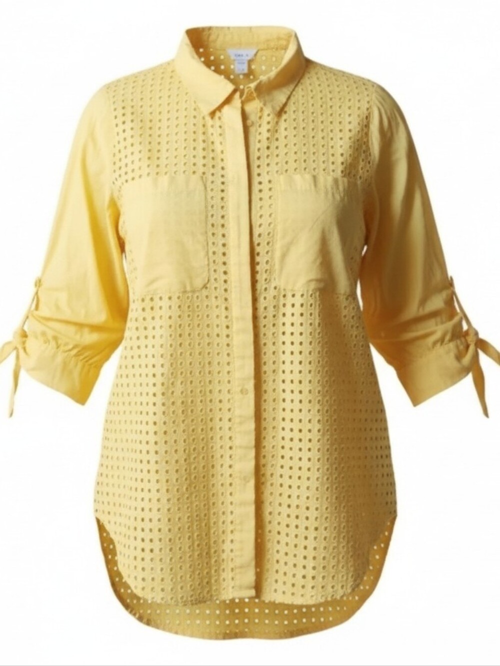 INTRO | Yellow Eyelet‎ 3/4 Tie Sleeve Button Down Embroidered Top Pocket | 1X